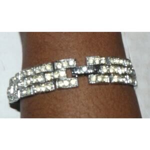 Vintage Rhinestone Tennis Bracelet Silver-Tone Metal Triple Row 7" Mid Century